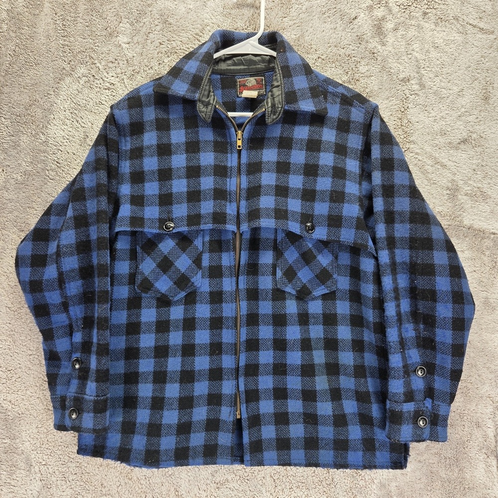 VTG Johnson Woolen Mills Jacket Mens M Blue Plaid Wool Outdoor Hunting Made USA